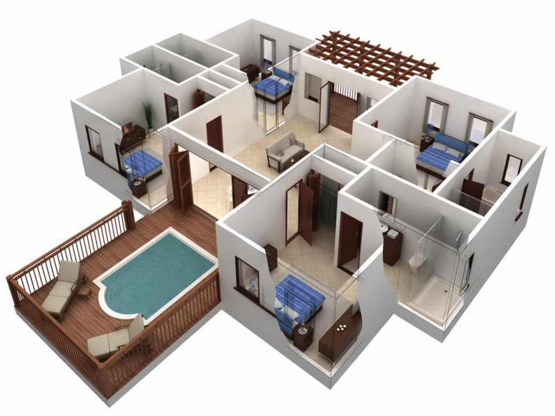  A 3D rendering of a house plan with a pool, showing the layout of the rooms and furniture.